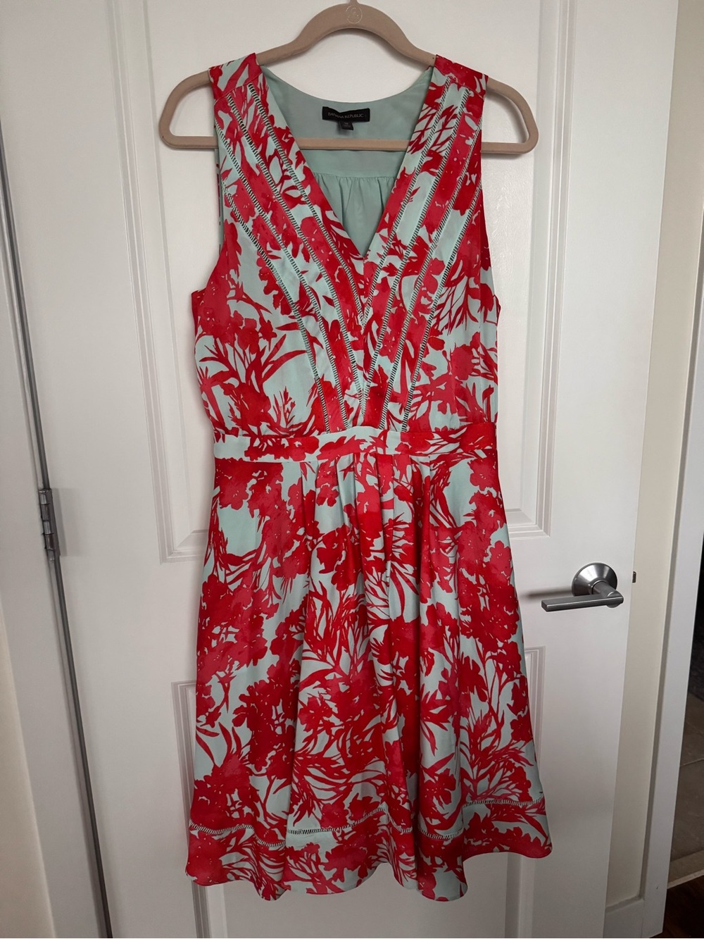 Banana Republic Red Orange Floral Midi Dress with Mint Background